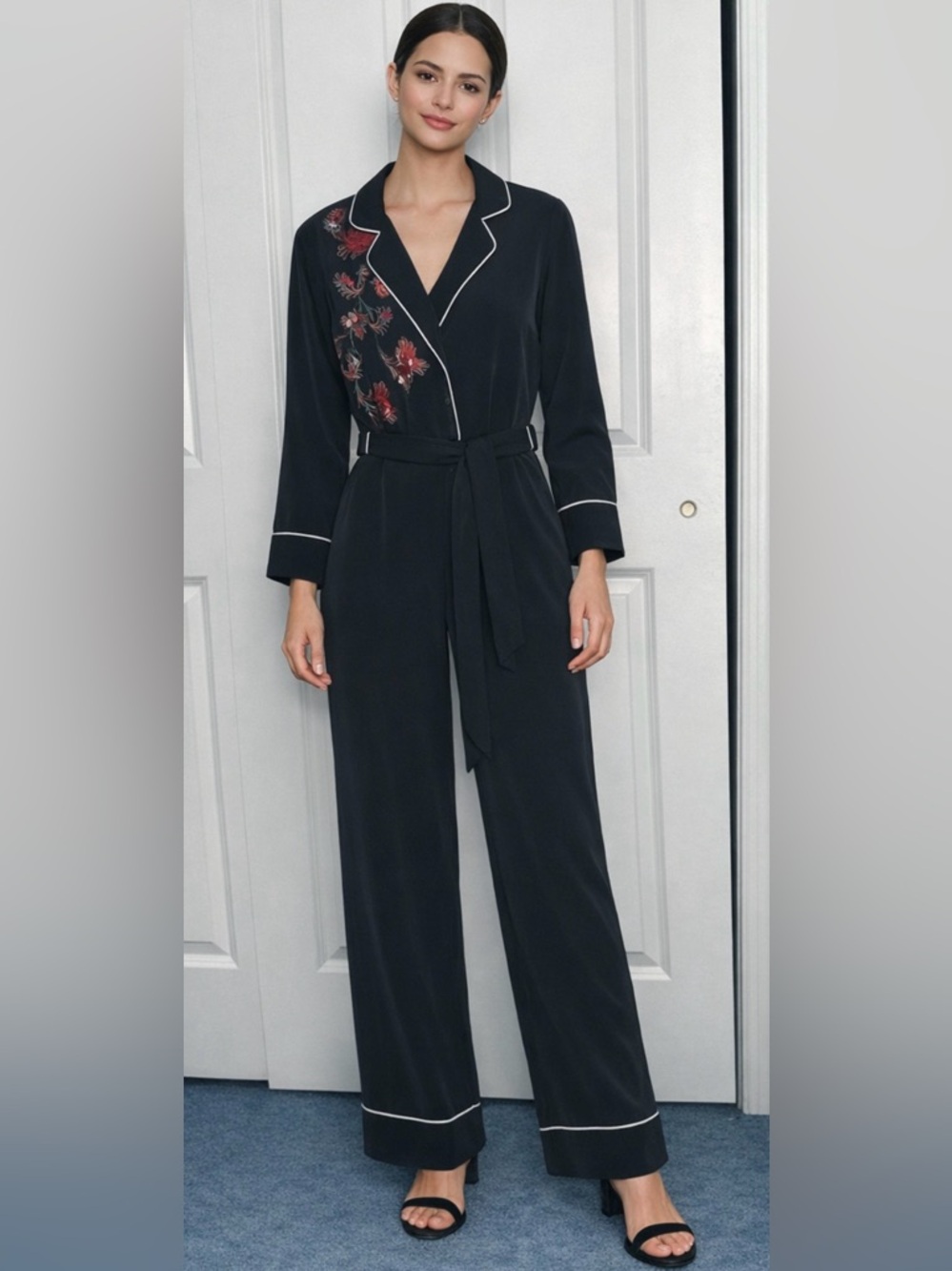 ZARA Embroidered Black Wide Leg Jumpsuit Jumper Romper with belt Sz Small